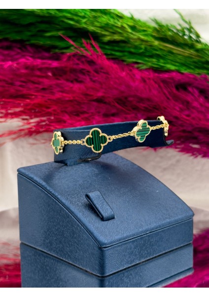 925 Ayar Gümüş Gold Renk Malakit Taşlı Yonca Modeli Zarif Kadın Bileklik