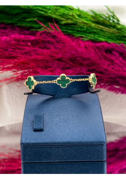 925 Ayar Gümüş Gold Renk Malakit Taşlı Yonca Modeli Zarif Kadın Bileklik fiyatları