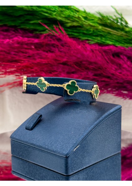 925 Ayar Gümüş Gold Renk Malakit Taşlı Yonca Modeli Zarif Kadın Bileklik modelleri