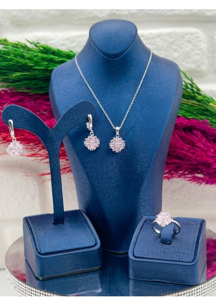 925 Ayar Gümüş Pembe Kuvars Taşlı Özel Tasarım 3’lü Zarif Kadın Takı Seti