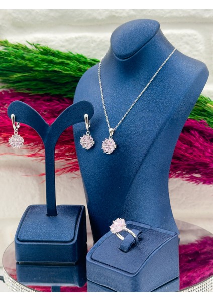 925 Ayar Gümüş Pembe Kuvars Taşlı Özel Tasarım 3’lü Zarif Kadın Takı Seti fiyatları