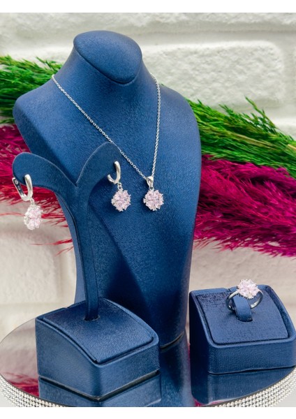 925 Ayar Gümüş Pembe Kuvars Taşlı Özel Tasarım 3’lü Zarif Kadın Takı Seti modelleri