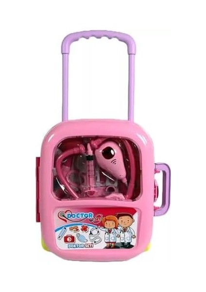 Çek-Çek Valizli Büyük Boy 10 Parça Işıklı-Sesli Medikal Doktor Seti 2in1 - Doktor Oyun Seti Pembe modelleri
