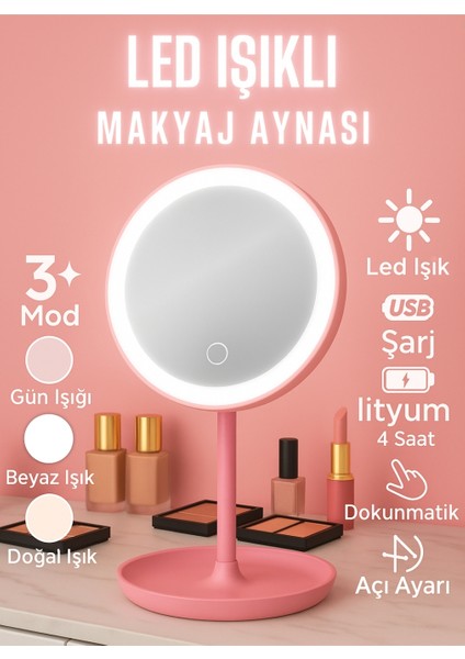 Dokunmatik LED Işıklı Makyaj Aynası (Pembe)