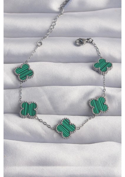 Bfs 316L Çelik Gümüş Renk Çizgili Yeşil Mineli Yonca Bileklik