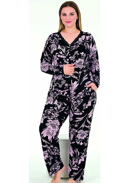 Lady Çiçek Desenli Yumuşacık Pijama Uzun Kollu Büyük Beden Viskon Kumaş Pijama Takımı