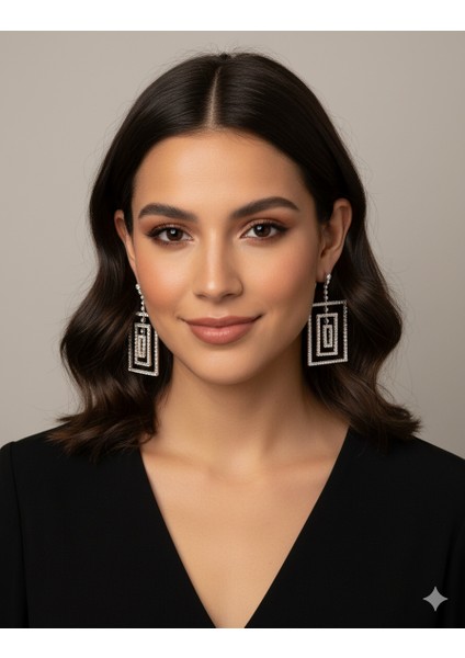 Altın Rengi Dikdörtgen Kristal Küpe - Geometrik Sarkık Çerçeve Model Kadın Takı