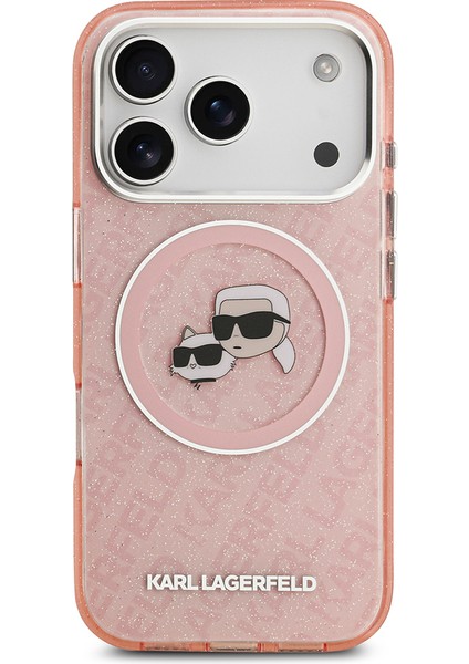 iPhone 17 Pro Kılıf Karl Lagerfeld Lisanslı Parlayan Simli Karl & Choupette Heads Kapak Pembe modelleri