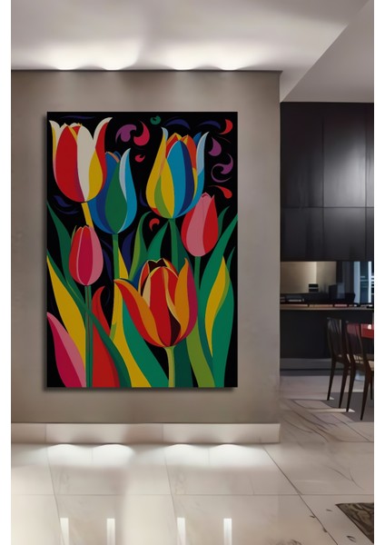Canlı Renklerde Lale Desenli Yağlı Boya Görünümlü Modern Sanat Ahşap Tablo Dikdörtgen Tablo