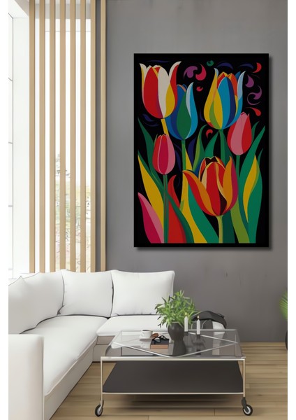 Canlı Renklerde Lale Desenli Yağlı Boya Görünümlü Modern Sanat Ahşap Tablo Dikdörtgen Tablo fiyatları