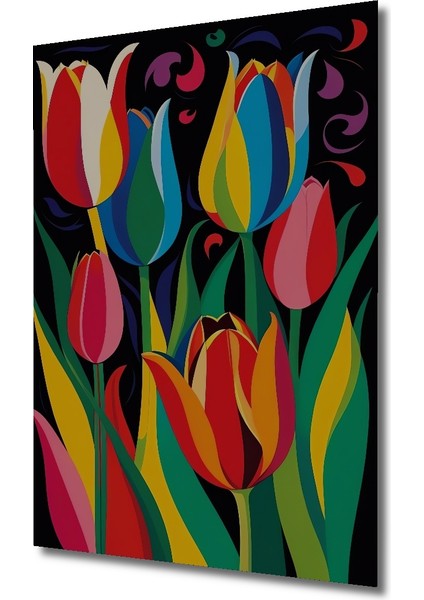 Canlı Renklerde Lale Desenli Yağlı Boya Görünümlü Modern Sanat Ahşap Tablo Dikdörtgen Tablo modelleri