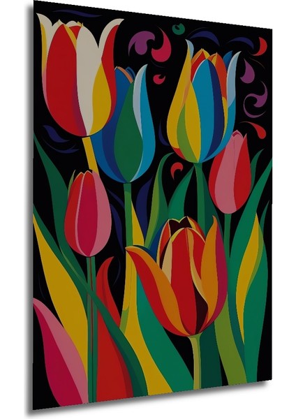 Canlı Renklerde Lale Desenli Yağlı Boya Görünümlü Modern Sanat Ahşap Tablo Dikdörtgen Tablo fırsatları