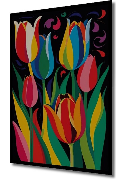 Canlı Renklerde Lale Desenli Yağlı Boya Görünümlü Modern Sanat Ahşap Tablo Dikdörtgen Tablo indirimleri