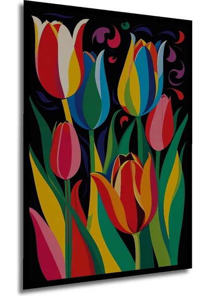 Canlı Renklerde Lale Desenli Yağlı Boya Görünümlü Modern Sanat Ahşap Tablo Dikdörtgen Tablo