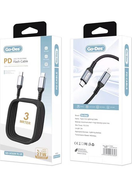 GD-UC639 Type-C To Lightning Pd Hızlı Şarj Kablosu 27W 3m Siyah modelleri