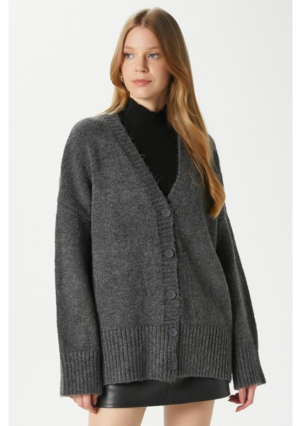 Kadın Alvin Yumuşacık V Yaka Antrasit Hırka