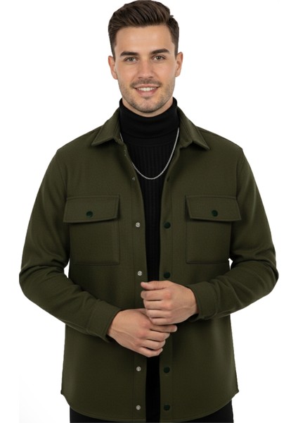 Erkek Haki Dar Kesim Cepleri Kapaklı Çıtçıtlı İnce Kaşe Ceket Mont 2500559