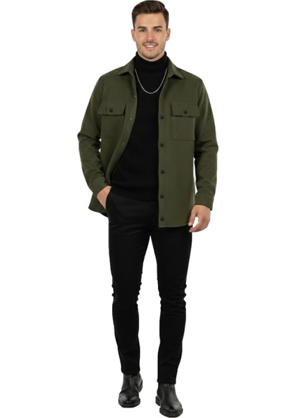 Erkek Haki Dar Kesim Cepleri Kapaklı Çıtçıtlı İnce Kaşe Ceket Mont 2500559 fırsatları