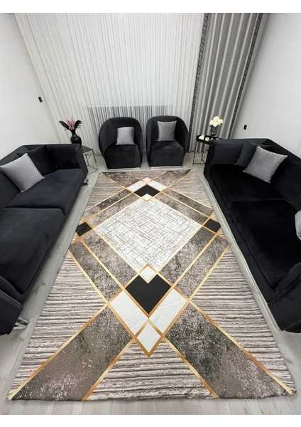 Geometrik Desen Gold Çizgi Detay Kahve Tonları Halı Örtüsü - Yıkanabilir Kadife Doku Kaymaz Taban