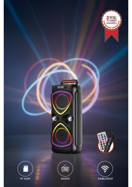 Torıma D78 Siyah Kablosuz Bluetooth Hoparlör Mikrofonlu LED Işıklı 8W+8W Parti Speaker
