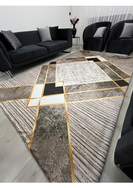 Geometrik Desen Gold Çizgi Detay Kahve Tonları Halı Örtüsü - Yıkanabilir Kadife Doku Kaymaz Taban fiyatları