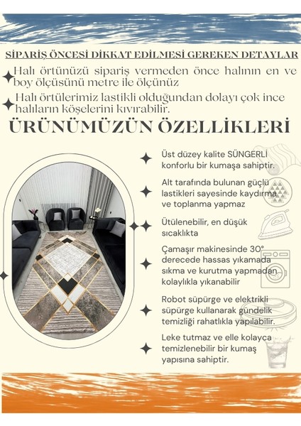 Geometrik Desen Gold Çizgi Detay Kahve Tonları Halı Örtüsü - Yıkanabilir Kadife Doku Kaymaz Taban indirimleri