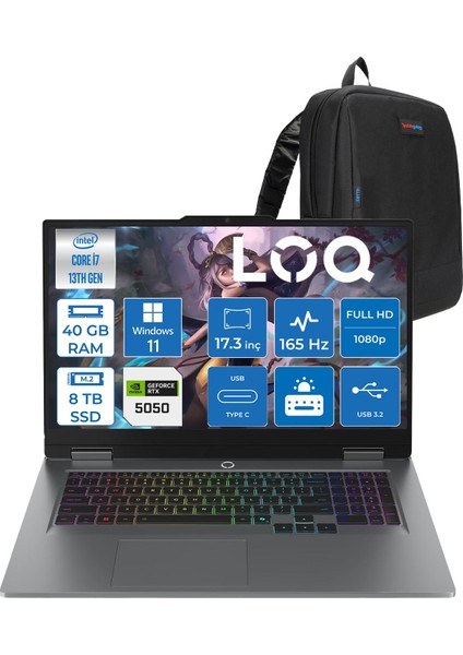 Loq 17IRX10 Intel Core I7 13650HX 40GB Ddr5 8tb SSD RTX5050 8gb 115W Windows 11 Pro 17.3 Inç Fhd (1920X1080) IPS 300NITS 165HZ 100% Srgb Taşınabilir Bilgisayar W83JH006CTRP24 + Zetta Çanta