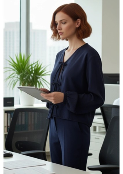 Kareli Bağlamalı Kadın Bluz V Yaka Balon Kol Detaylı Kısa Kesim Dokuma Üst Giyim Günlük Şıklık modelleri