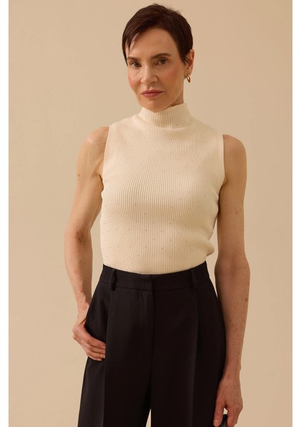 Kadın Taş Detaylı Triko Kolsuz Bluz 0027 Ekru