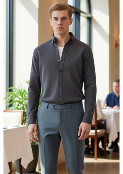 Erkek Dokulu Regular Fit Uzun Kollu Gömlek Günlük ve Esnekliği Sunar Fonksiyonel Dayanıklı