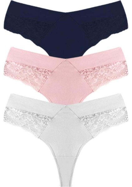 Dantel ve Lastik Detaylı Büyük Beden Kadın Tanga Külot 3'lü Paket
