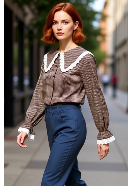 Kadın Pötikareli Bebe Yaka Dantel Detaylı Reglan Kol Crop Gömlek Günlük Şıklık Fonksiyonel