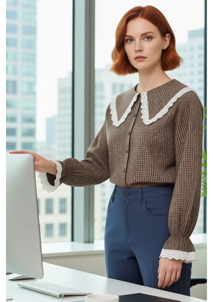 Kadın Pötikareli Bebe Yaka Dantel Detaylı Reglan Kol Crop Gömlek Günlük Şıklık Fonksiyonel modelleri