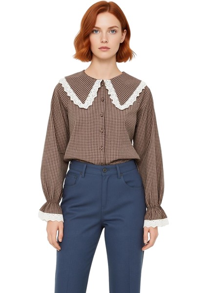 Kadın Pötikareli Bebe Yaka Dantel Detaylı Reglan Kol Crop Gömlek Günlük Şıklık Fonksiyonel fırsatları