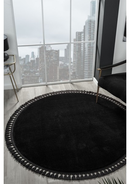Cloudy Siyah Yuvarlak Saçaklı Peluş Halı Yumuşacık Yıkanabilir Kaymaz Taban Salon Oturması Koridor