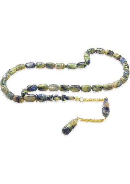 Altın Renk 925 Ayar Gümüş Püsküllü Imamesı Usta Işçilikli Kapsül Kesim Su Yeşili Mavi Katalin Tesbih