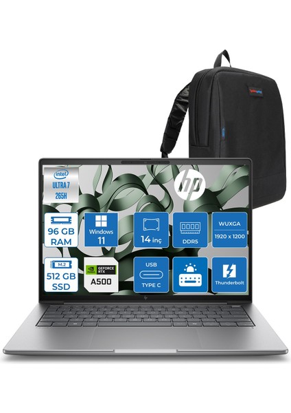 Zbook 8 G1I Intel Core Ultra 7 265H 96GB Ddr5 512GB SSD 4GB/RTXA500 14" Wuxga Düşük Mavi Işık 300NIT %100 Srgb Windows 11 Pro Taşınabilir Iş Istasyonu B30HCESP21 + Zettaçanta