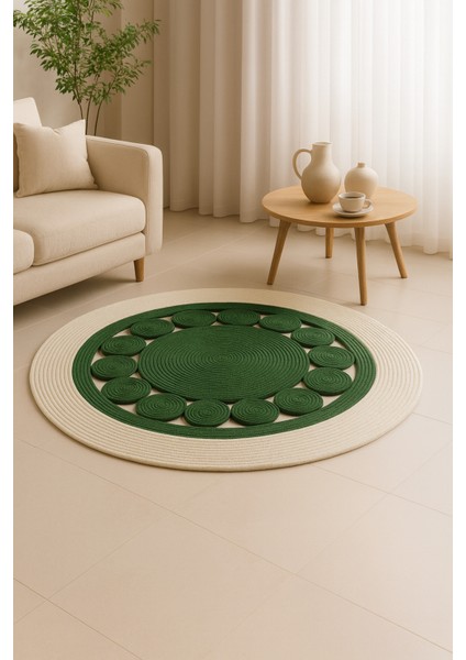 Jutella Jüt Bej-Siyah Ortası Kurabiyeli Yuvarlak Modern Salon Banyo Kilim Halı Paspas Yolluk