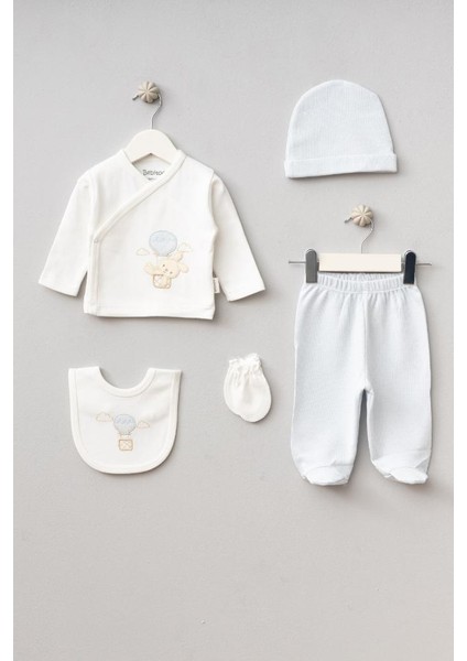 %100 Pamuk Balonlu Tavşan Desenli 5 Parça Yenidoğan Hastane Çıkışı Zıbın Seti BBTF.MV.20119.01