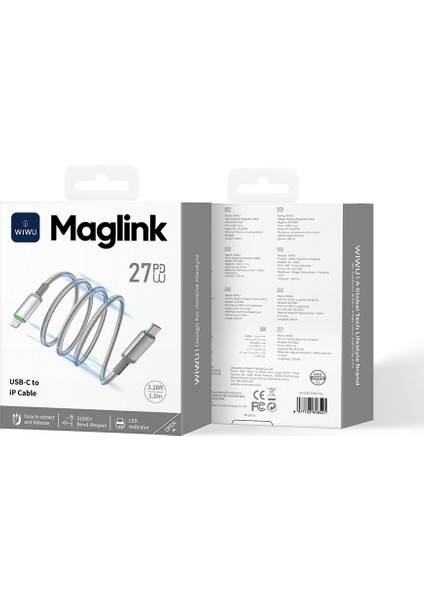WI-C083 Maglink Serisi Işıklı Magnetik Type-C To Lightning Pd Data ve Şarj Kablosu 27W 1m Gri