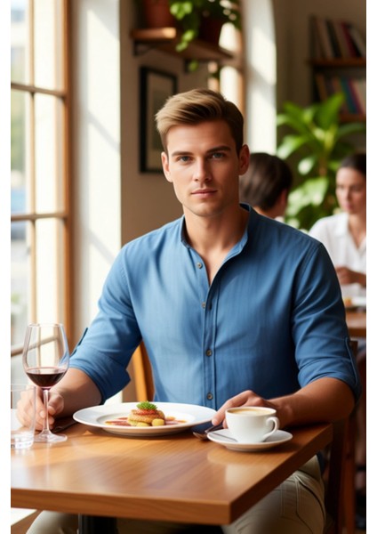 Erkek Düz Desen Hakim Yaka Slim Fit Pamuklu Keten Görünümlü Konforlu Uzun Kollu Gömlek Şık