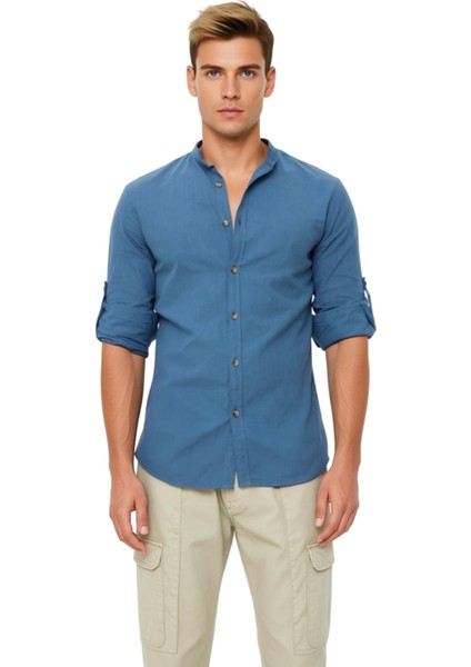 Erkek Düz Desen Hakim Yaka Slim Fit Pamuklu Keten Görünümlü Konforlu Uzun Kollu Gömlek Şık fiyatları