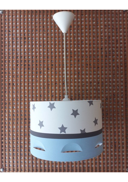 Beyaz Yıldızlı Mavi M-363 Motifli Avize Kumaş Kaplama Çocuk Odası ve Bebek Odası Avize Sarkıt