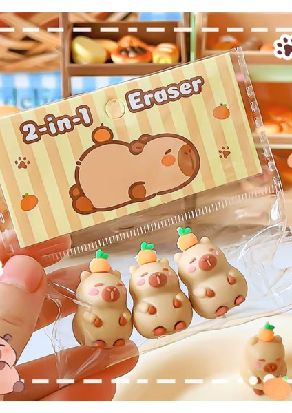 Capybara Kapibara Hem Kalem Başlığı Hem Silgi Ikisi Bir Arada Silgi ve Kalem Süsü (3’lü Set)