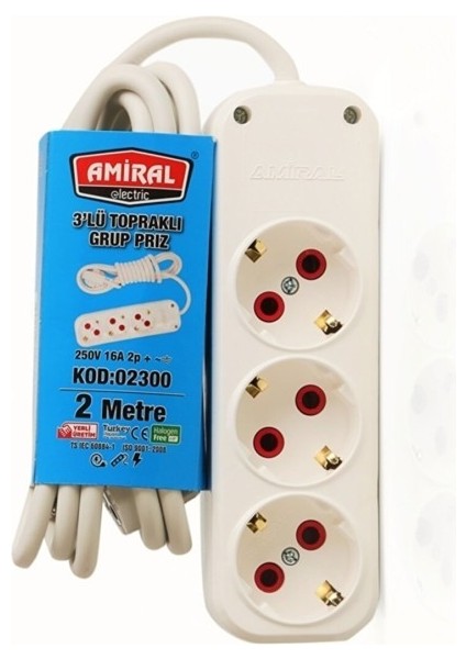 Amiral 3' Lü Topraklı 2 Metre Kablolu Grup Priz