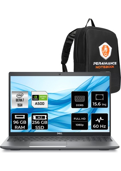 Precision 3591 Intel Core Ultra 7 155H 96GB 256GB SSD Rtx A500/4GB 15.6" Fhd Fdos Mobil Iş Istasyonu & Per4 Çanta XCTOP3591EMEAWP349