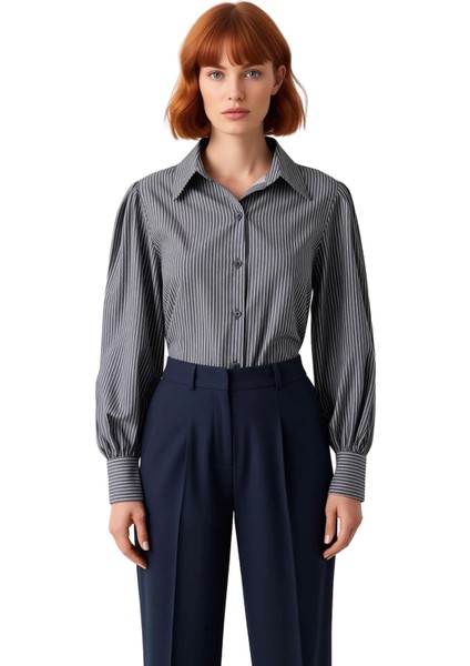 Çizgili Desenli Kadın Gömlek Uzun Kollu Dokuma Kumaş Gömlek Yaka ve Bel Kuşağı Detaylı Tasarım