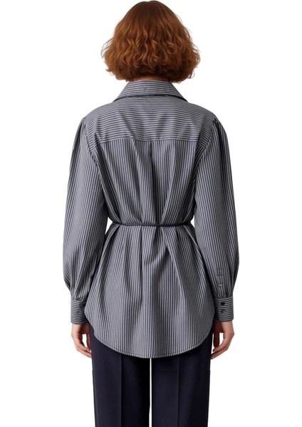 Çizgili Desenli Kadın Gömlek Uzun Kollu Dokuma Kumaş Gömlek Yaka ve Bel Kuşağı Detaylı Tasarım fiyatları