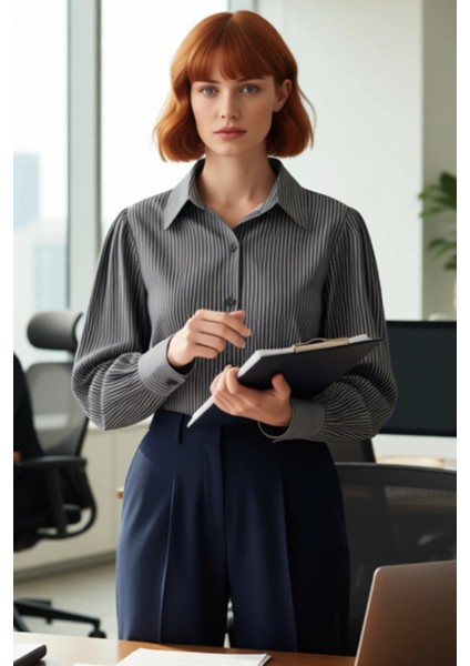 Çizgili Desenli Kadın Gömlek Uzun Kollu Dokuma Kumaş Gömlek Yaka ve Bel Kuşağı Detaylı Tasarım fırsatları