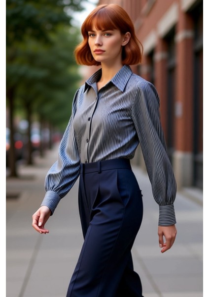 Çizgili Desenli Kadın Gömlek Uzun Kollu Dokuma Kumaş Gömlek Yaka ve Bel Kuşağı Detaylı Tasarım indirimleri